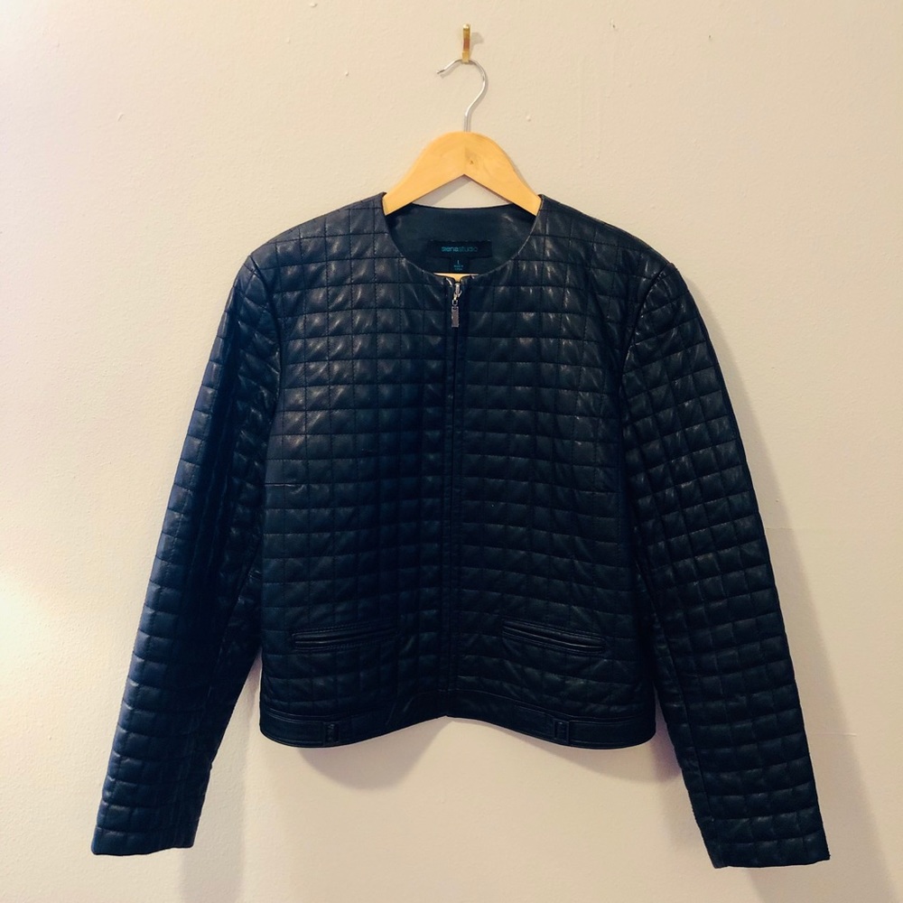 Quilted Black Leather Zipper Front Jacket Large